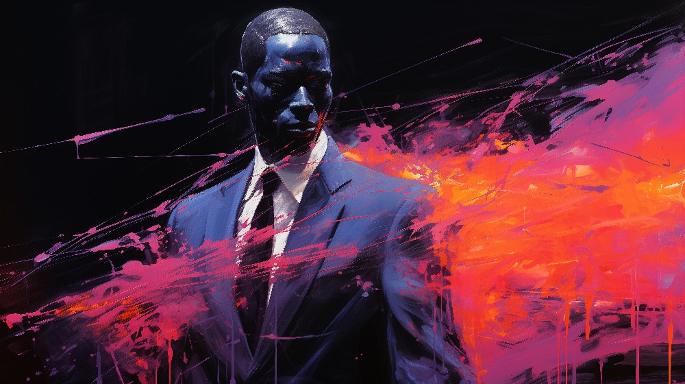 a rough acrylic brush stroke expressionist neon painting of a cyber glowing african male ghost in a bussines suit, 1980s Tron, mixed media --ar 16:9 --stylize 750 --v 5.2 Job ID: d1651123-d7b3-4404-88a9-b2a3f1fd8483