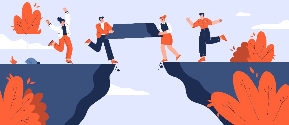 Business team build bridge over gap together. Concept of teamwork, cooperation, corporate communication, partnership with people carry piece of cliff to build bridge, vector flat illustration SSUCv3H4sIAAAAAAAACpxUy46jMBC8r7T/EPk8kfwG76+M5mDASawQjGyTndFq/n2NwWCYZFbaG1SXu93VXf7z88fhACrpdA1+Hf6Mf+Fft+3gvJVemy7A6GXGreoaZQMCE3K3hMMcUI32xmrZ5mAlfX3p5E0FsBvadoQ/YxA4L/3glMuqV/rsvKmv/cV4E3CS0iBM7CkH7qoOxSI5h89W9hddW32Pl13wXr97mQO1VaHHu7pJe1U+j8jGVOpL4ibwb87r2MiKqt447eN13Sa97B430puuYRumac1gK/Oeq30zbk26oHWYjLmdfI8eonhEM31r6dU5DGSr8Dzv1+n/kALzrUclAHjJMDdUEUvQlPy/Tk4fb4vQZ9XVH+vd9iovVzzsEm9+UMmXCm/Tx2cmglWtktOSvU6VwfW3V/YWRZlJcmi0yUS6m1q2cZ5Zpt7qWnfn7Jjxl7hl6Vhths7bsSOACpZuCVpjelm1Y0unkFYl/CKdCyeahOejizPNSnXGxx7m3kETZhvrEIJoyWHBSk5JyVLZ2VwXHfLEG6U7Dn1rZKOajex72yFeQIw4K/Ci9OLAORZKrrHkrilWQpjsv7dTJGBY8vLl8cwToRAZYWeyxCnZytn7LXFExknWexTbuHCKi7zDrSFnAsq62HpzJpAsw9amM4HReWPTTgTP3LT3u/lsH7tJ5QLSTKPduzdTuMgG8eXFS9PC8MkkMeaCP9kAjAtOn2mLBUzv27PtGjni2yUgQZ5v14hgQv+1JURA/v2WkLJASHx9OCJRN/nbuR0DoFQUBUd8MfpuCICGCVNB15cgqQtEUK8IC7ZEkrbg2n7Iqxs6jBEOPhJr9iQxwJhCBHmxnt4rDCjnnFHM0ULZCAwwJ9GGeIlv9AWMIUqL4ML1/E5ewDHHAjNRLpS9ugBBJjikjMYHetZVj6sNmlpCGho5lqJRR8o4O0pC1PFUcN7QoEx5qsKpz78AAAD//wMABXOjQKUIAAA=